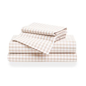 Luxe Premium Percale Bed Sheets in Camel Gingham