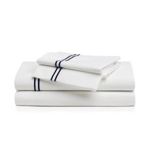 Luxe Premium Percale Bed Sheets in White with Navy Piping