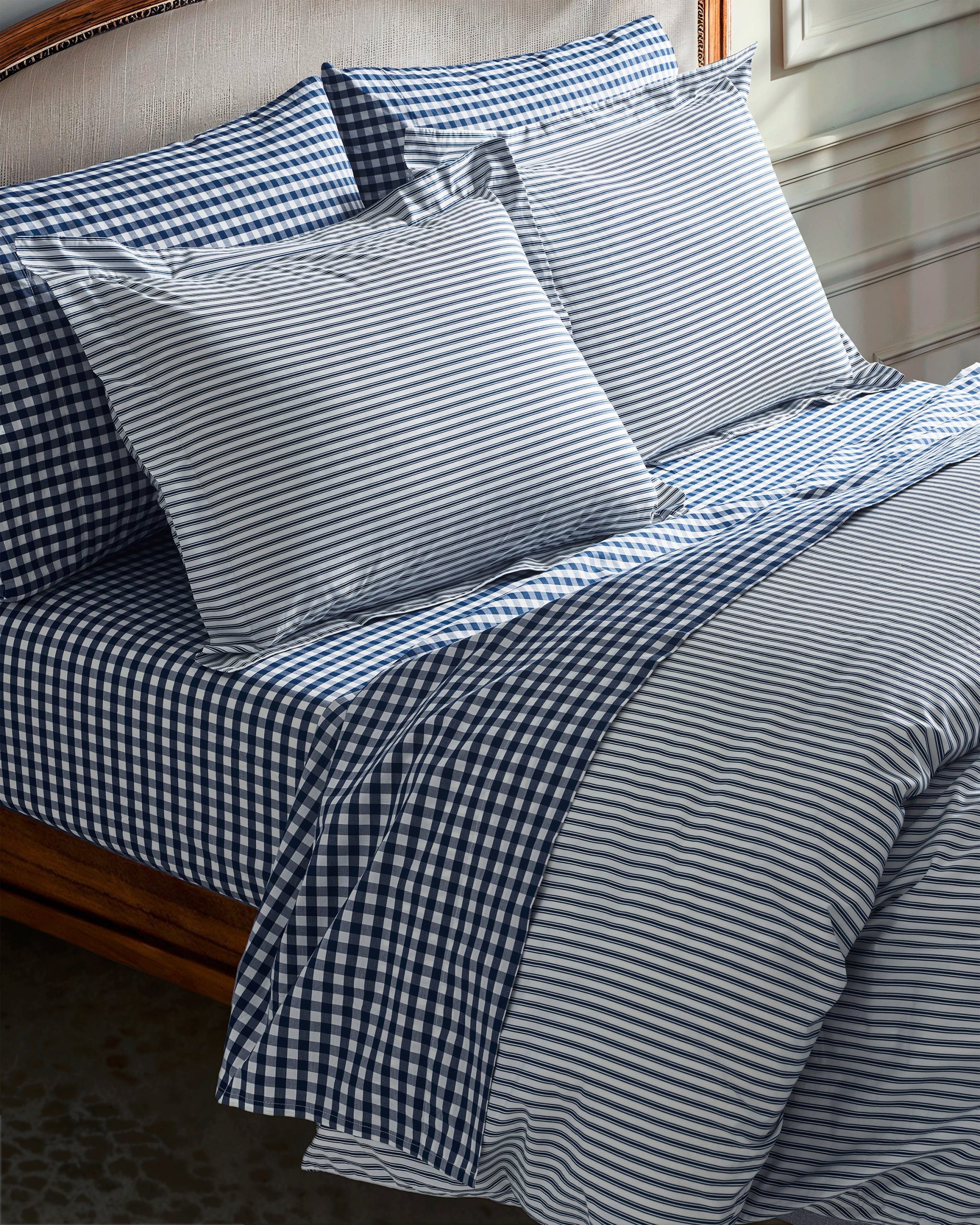 Navy French Ticking and Navy Gingham Bedding Set