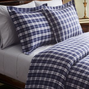 Oxford Tartan Duvet and Navy French Ticking Bedding Set